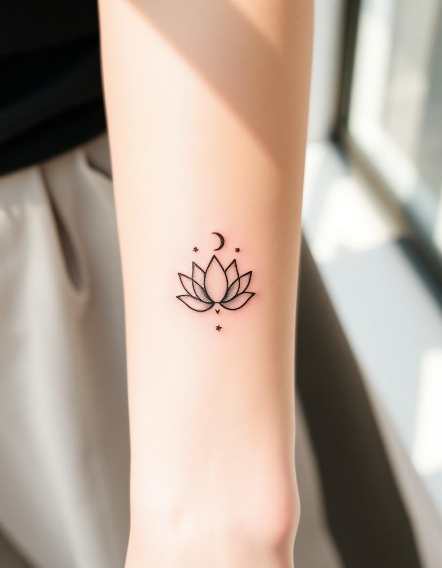 Arm with fine line lotus tattoo